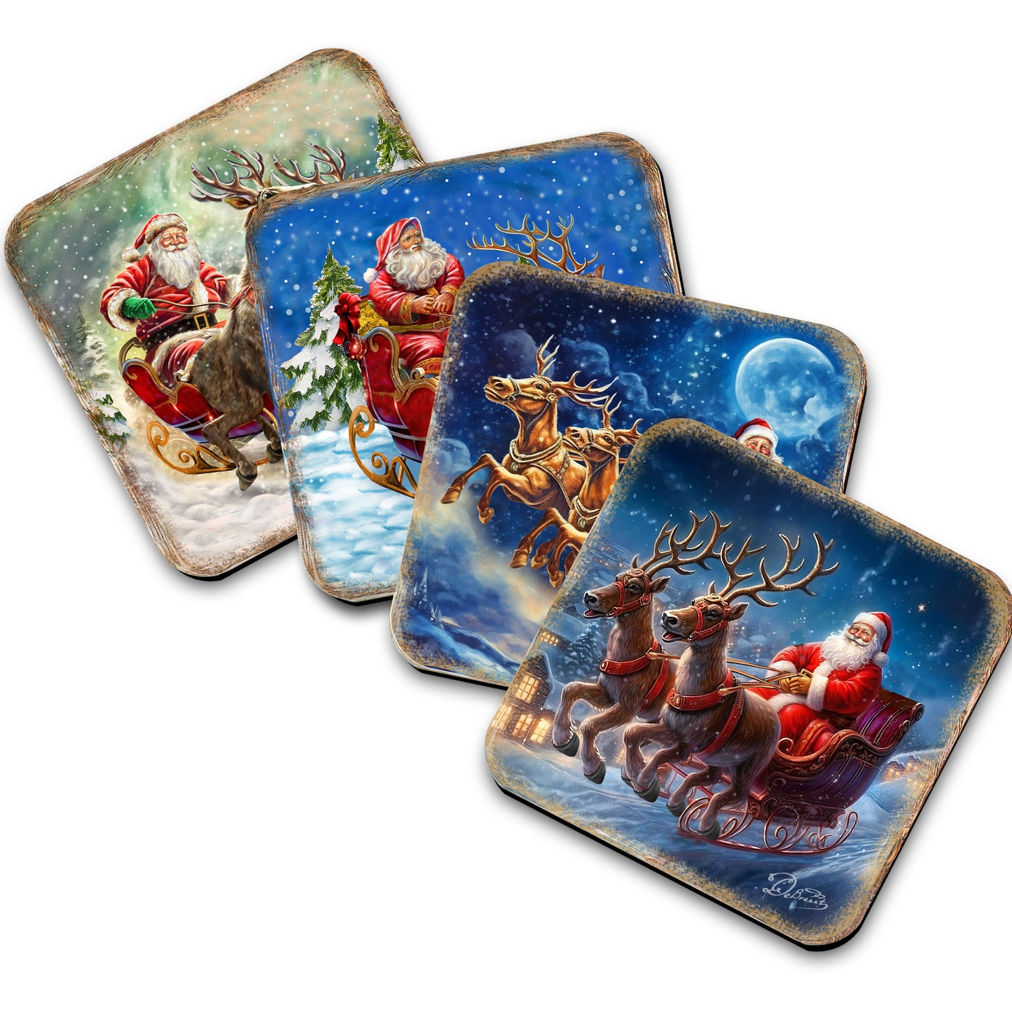 Santa's Sleigh Wooden Cork Coasters Gift Set of 4 by G. Debrekht - Santa Christmas Decor  - 8199445C-S4