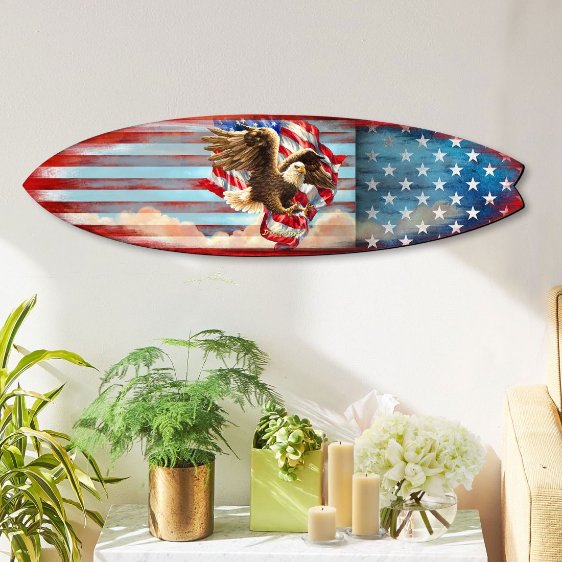 Patriotic American Flag Surfboard Coastal Door Art by D. Gelsinger - American Christmas Decor - 8490108HS