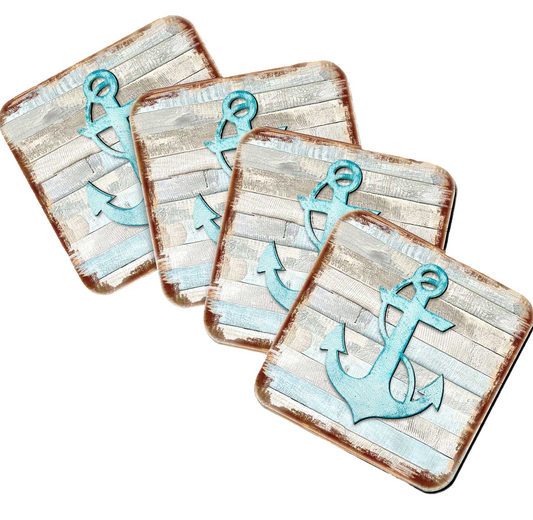 Anchor Coastal Wooden Cork Coasters Gift Set of 4 by Nature Wonders - Coastal Sea-Life Decor - 8198521-9C-S4