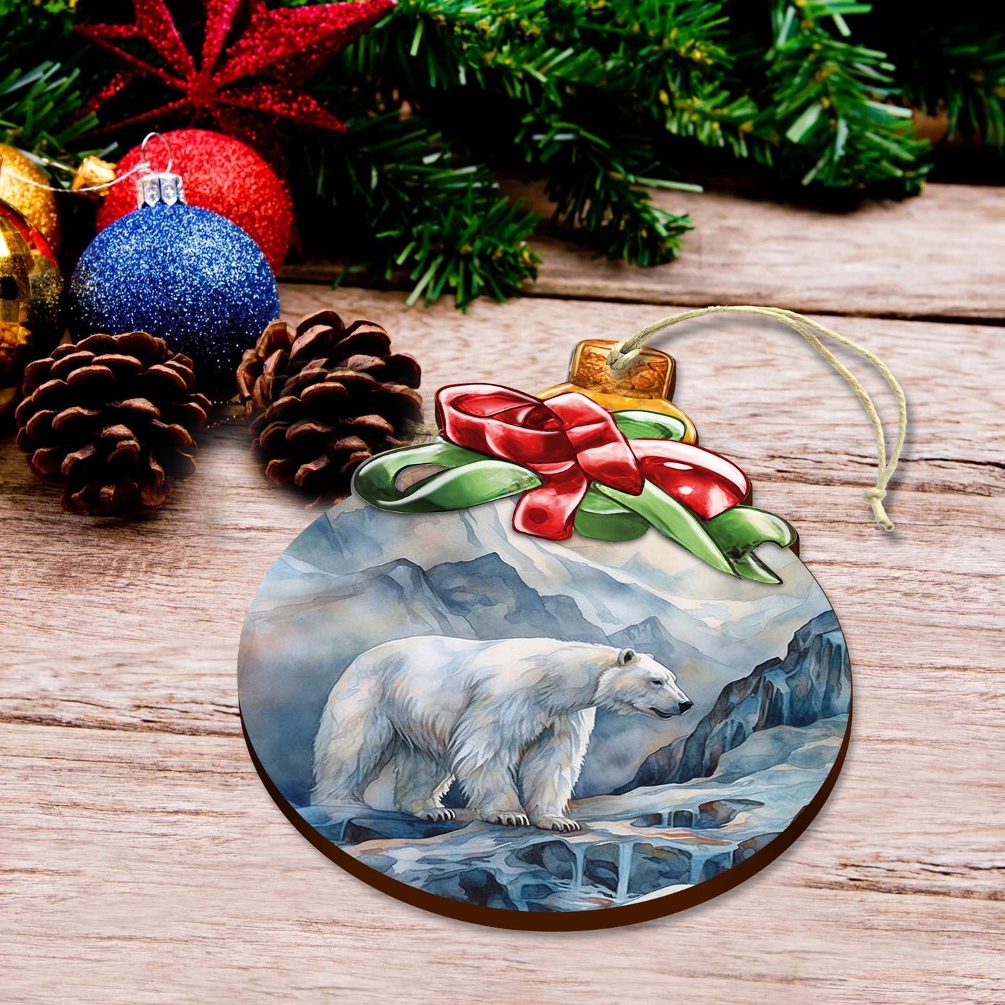 Arctic Frost Peak Polar Bear Wooden Ornaments by G.Debrekht - Wildlife Holiday Decor - 870020