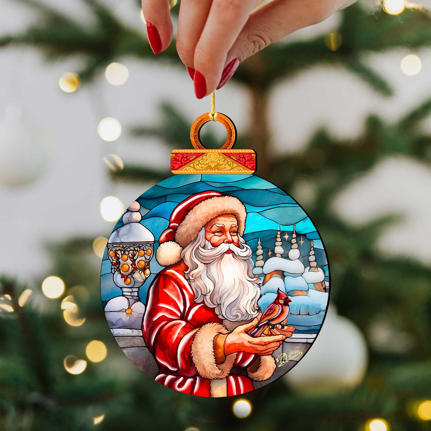 Santa with Red Cardinal Holiday Wooden Ornaments by G. Debrekht - Santa Snowman Decor - 8652807