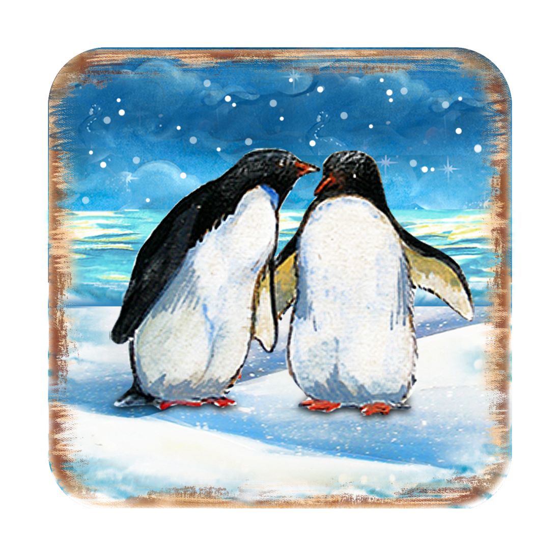 Penguins Coastal Wooden Cork Coasters Gift Set of 4 by Nature Wonders - Coastal Sea-Life Decor - 8198542C-S4