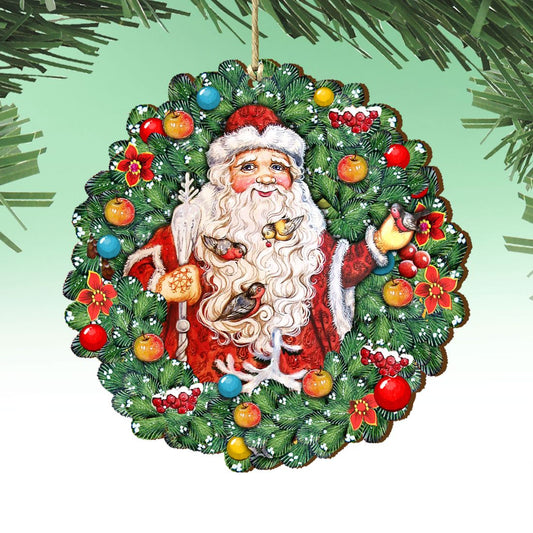 Santa Wreath with Birds Wooden Ornaments by G. DeBrekht - Christmas Santa Snowman Decor - 8185320