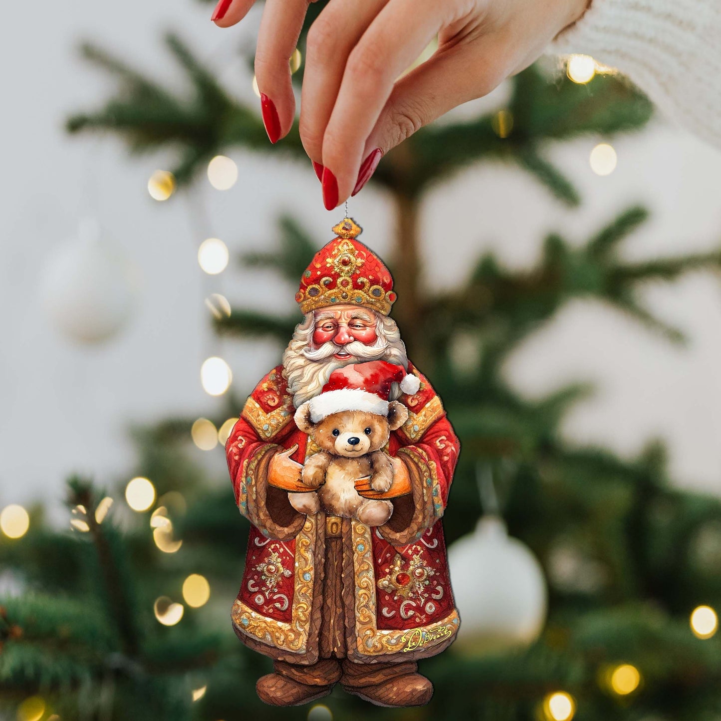 Santa's Teddy Bear Hug Wooden Ornaments by G. Debrekht - Christmas Santa Snowman Decor - 8691415