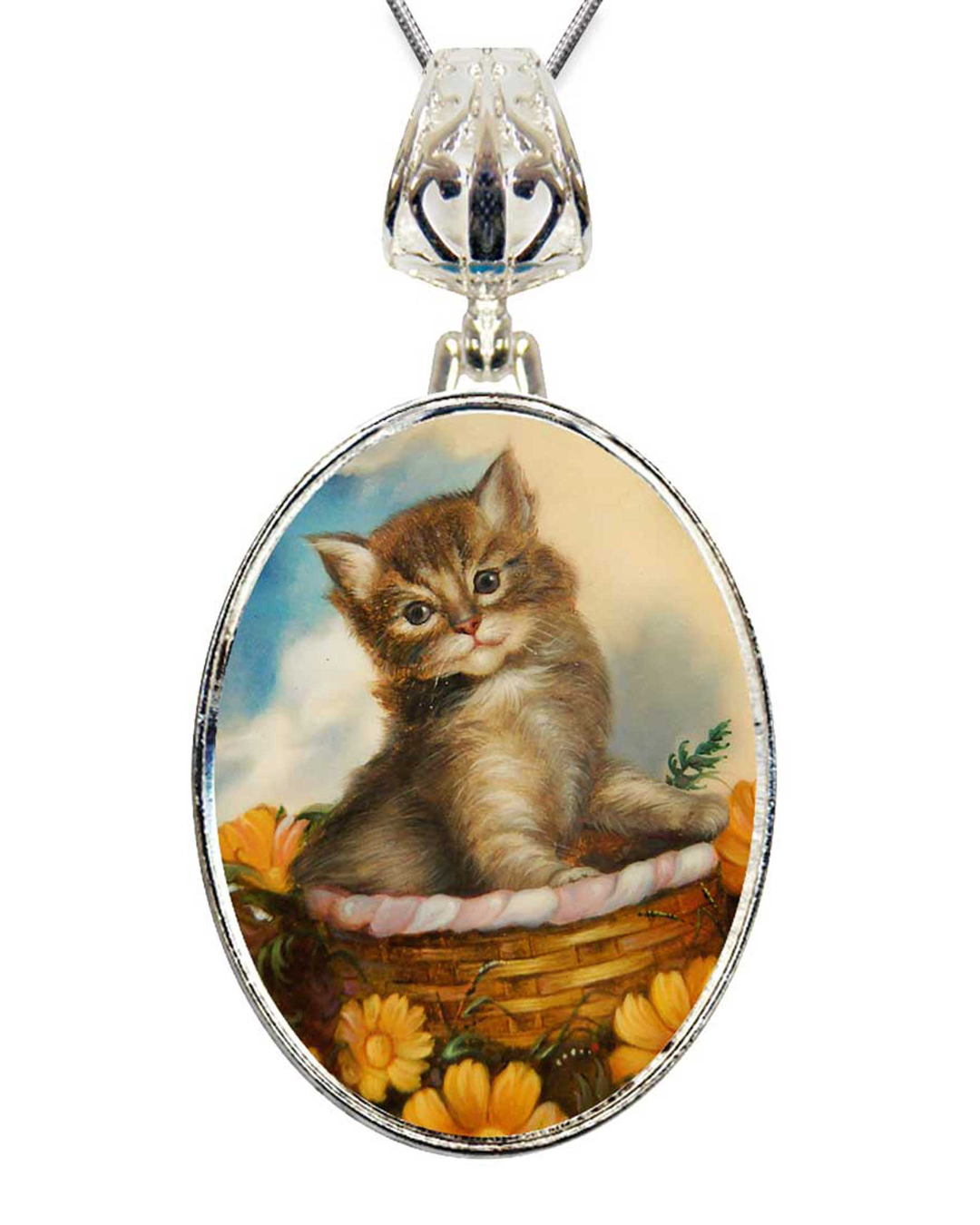 Kitten in A Basket Silver Plated Mother of Pearl Jewelry Pendant Necklace - 44032O
