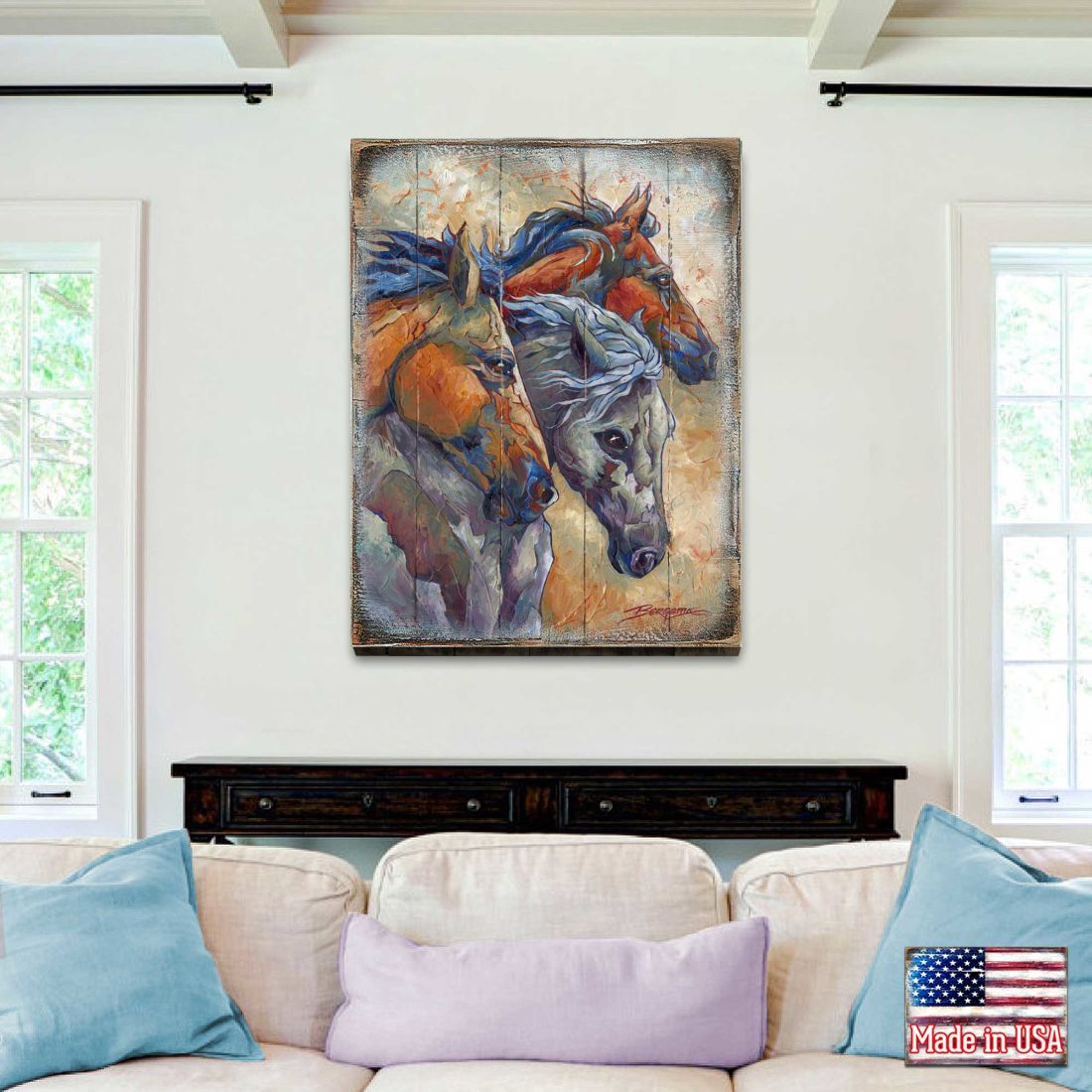 Let Them Run Horse Heads Wooden Wall Art by J. Bergsma - Nature Wildlife Decor  - 8592259B-JB