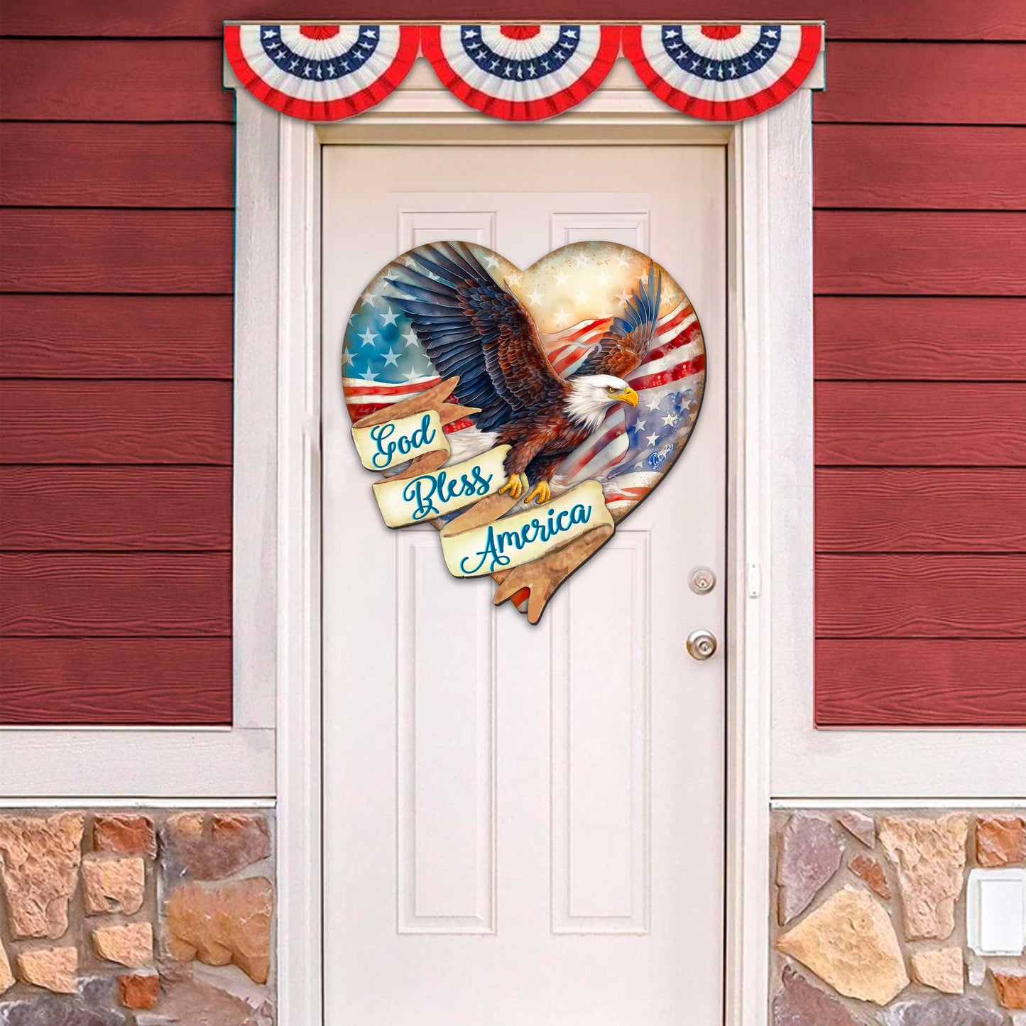 God Bless America Patriotic Eagle Heart Decorative Holiday Door Decor by G. DeBrekht - American Christmas Decor - 8652789H
