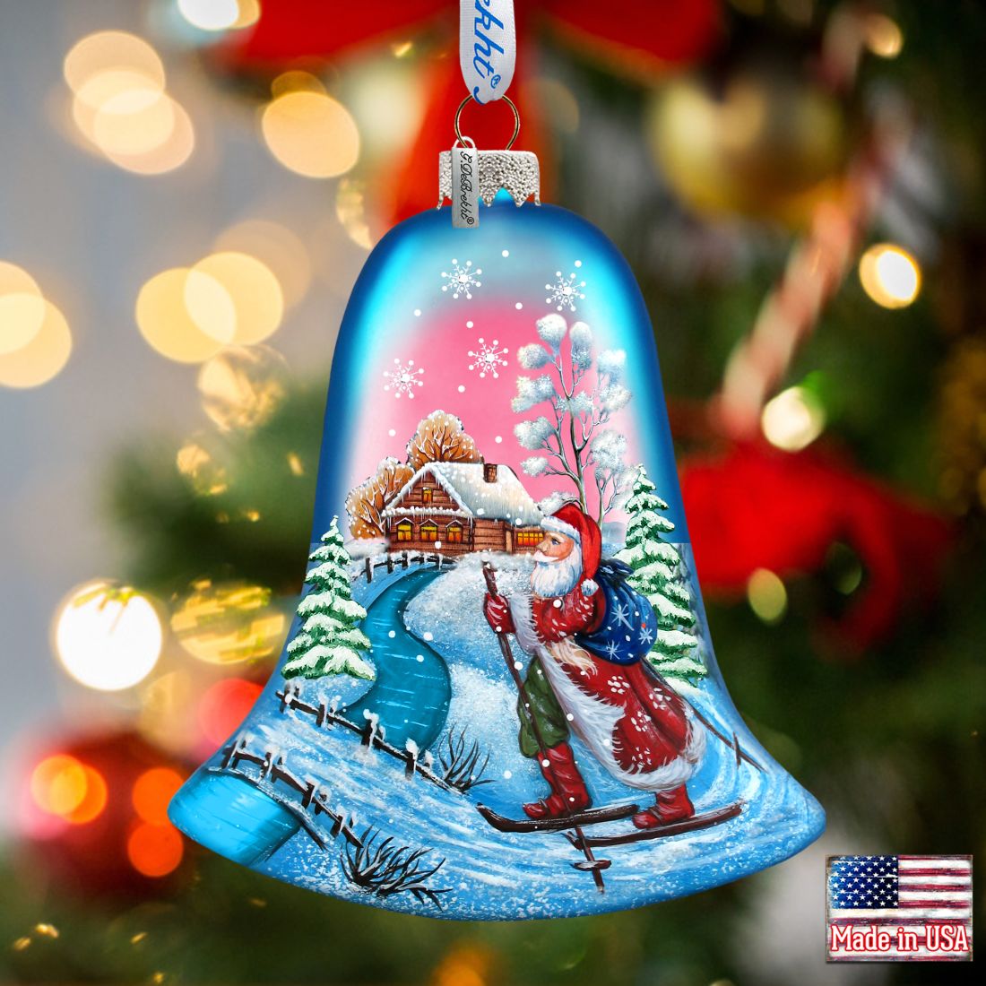 Santa on Ski Bell Glass Ornament by G. DeBrekht - Christmas Santa Snowman Decor - 73342