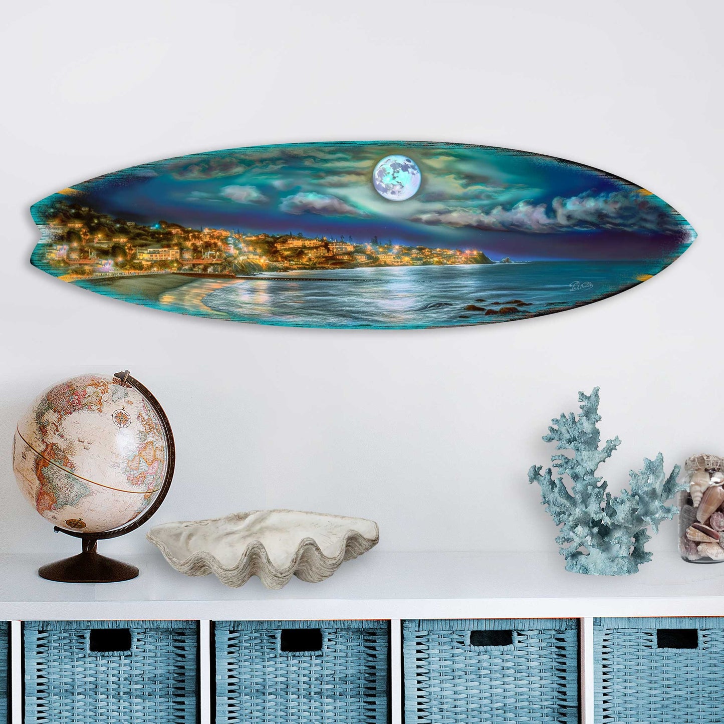 Surfboard Coastal Wall Art - Full Moon Night Wall Art by G. DeBrekht - Coastal Holiday Decor - 8490137HS
