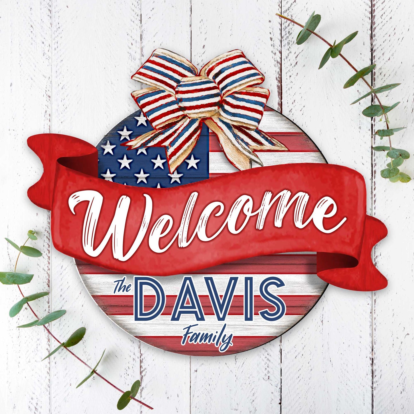 Front door welcome sign Custom name American flag porch wreath Main entrance Family Welcome sign - Wooden front porch decor - 933103HC