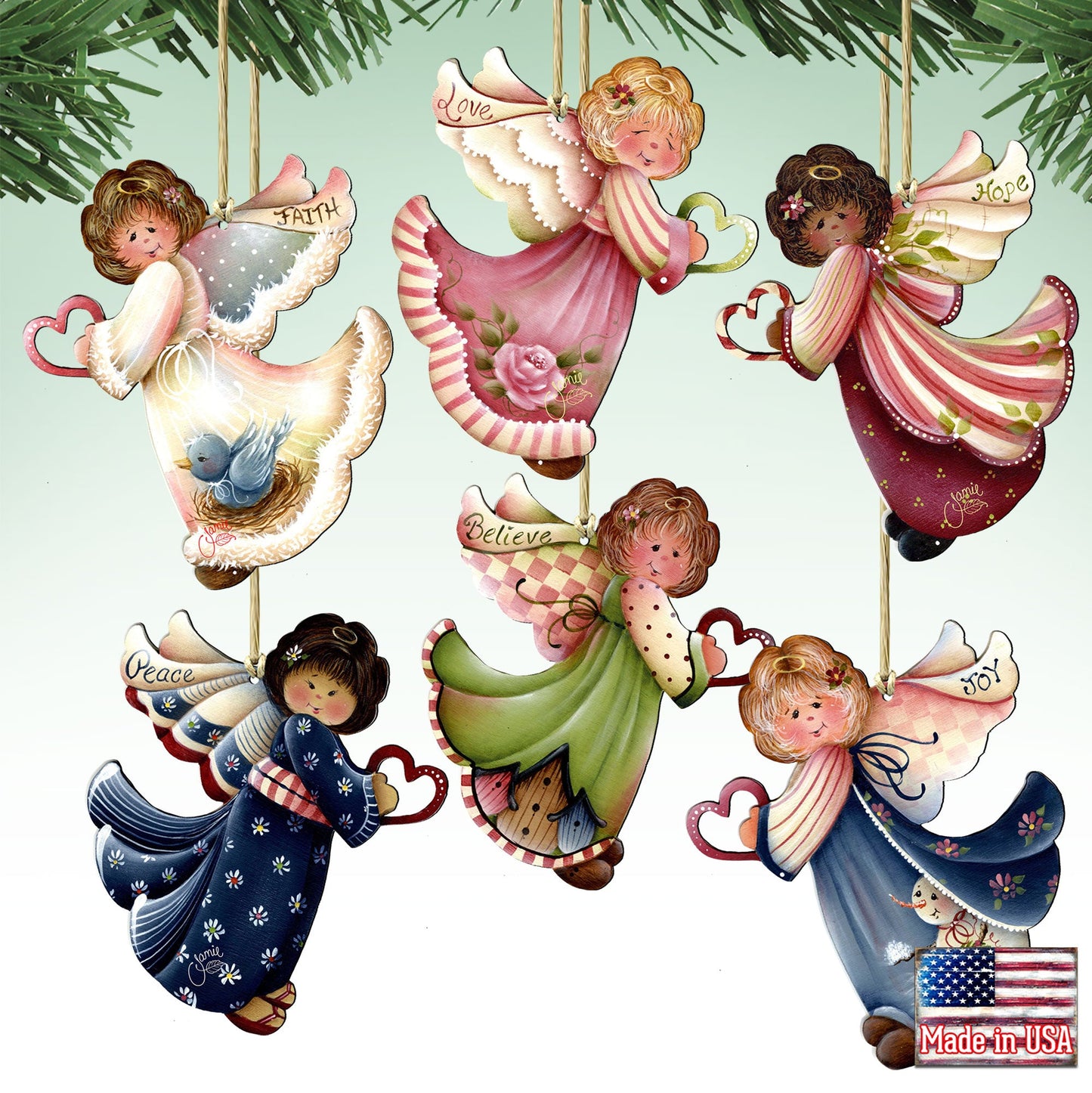 Loving Angels Wooden Ornaments Set of 6 by Jamie Mills-Price - Nativity Holiday Decor - 8457517-S6-MP