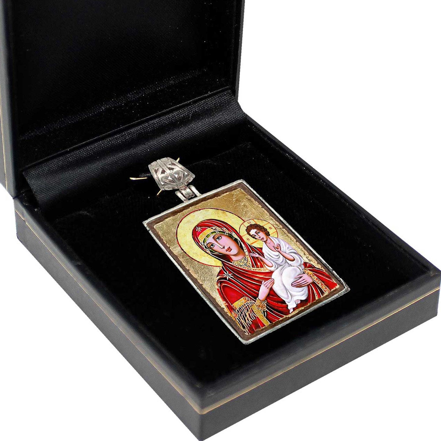 Virgin Mary Directress Religious Jewelry Silver Plated Necklace, Gold-Plated Wooden Cabochon - Orthodox Sacred Icon - Inspirational Icon Decor - 43029R