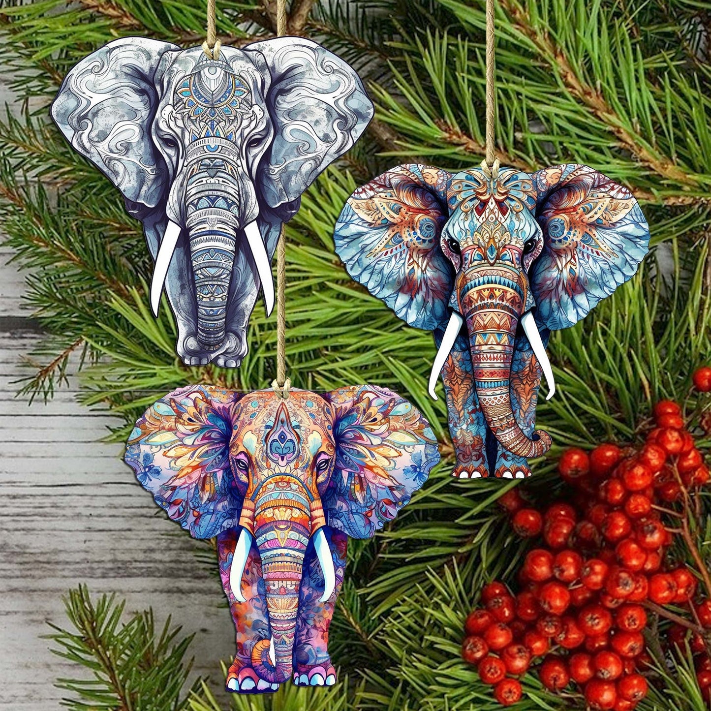 Elephants Decorative Wooden Ornaments Set of 3 by G. Debrekht - Wildlife Decor - 8091036-S3