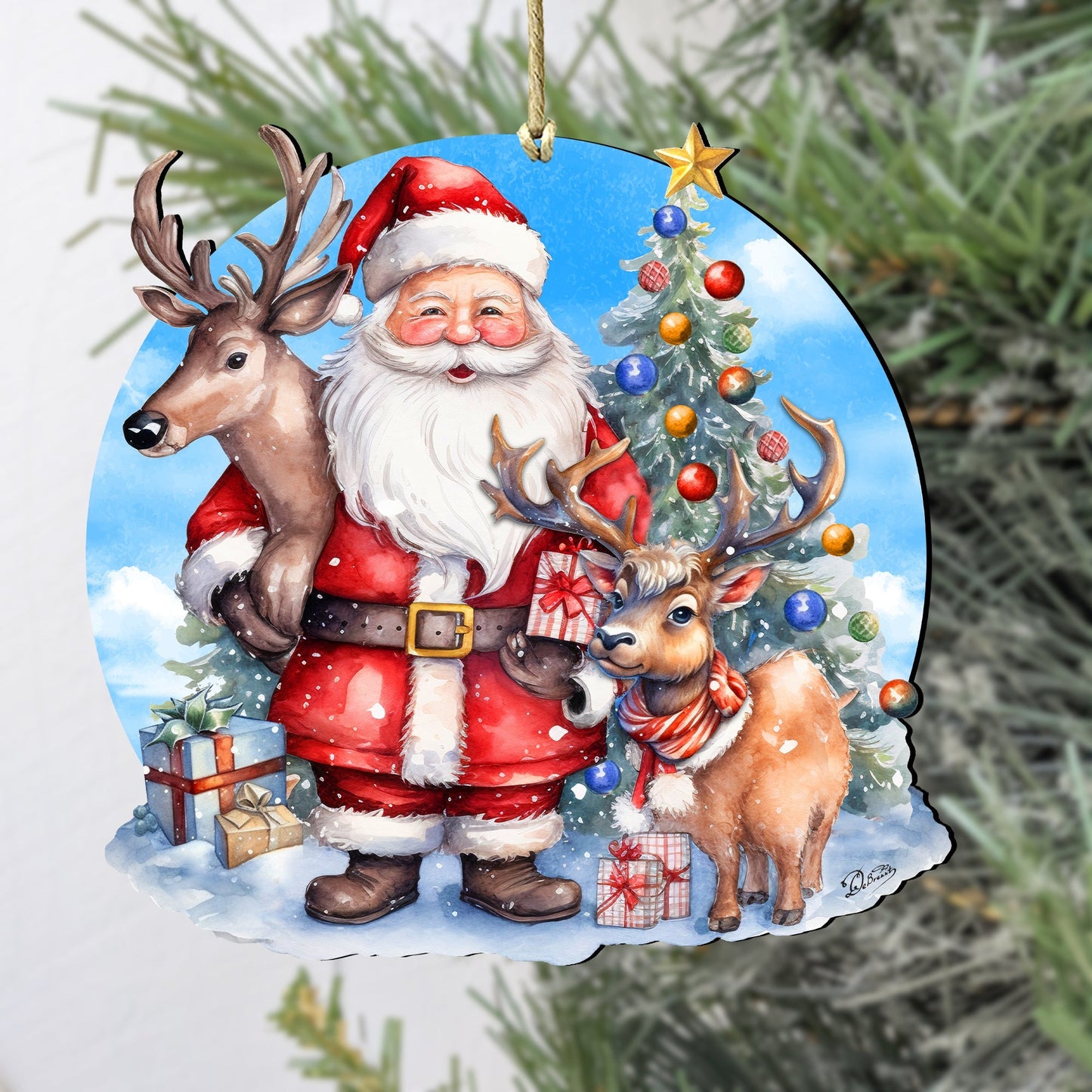 Santa with Reindeer Wooden Ornaments by G. Debrekht Christmas Santa Snowman Decor - 8611032