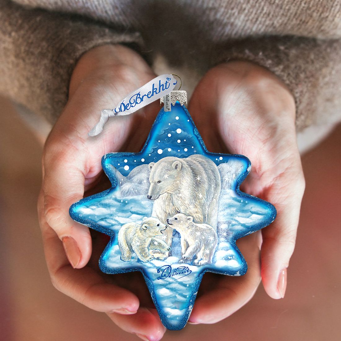 White Christmas Polar Bears North Star Glass Ornament by G. DeBrekht - Wildlife Holiday Decor - 755-012