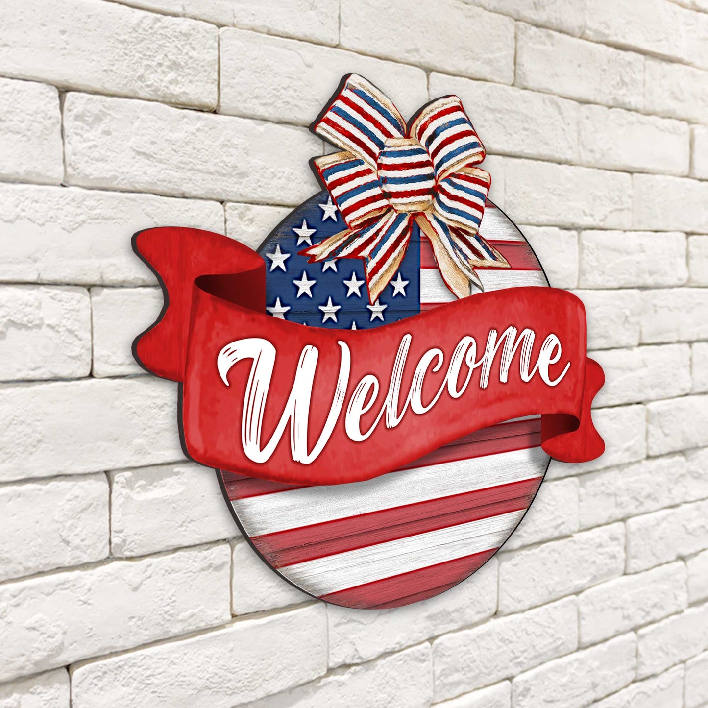 Front door welcome sign American flag porch wreath Main entrance banner Welcome sign - Wooden front porch decor - 933103H