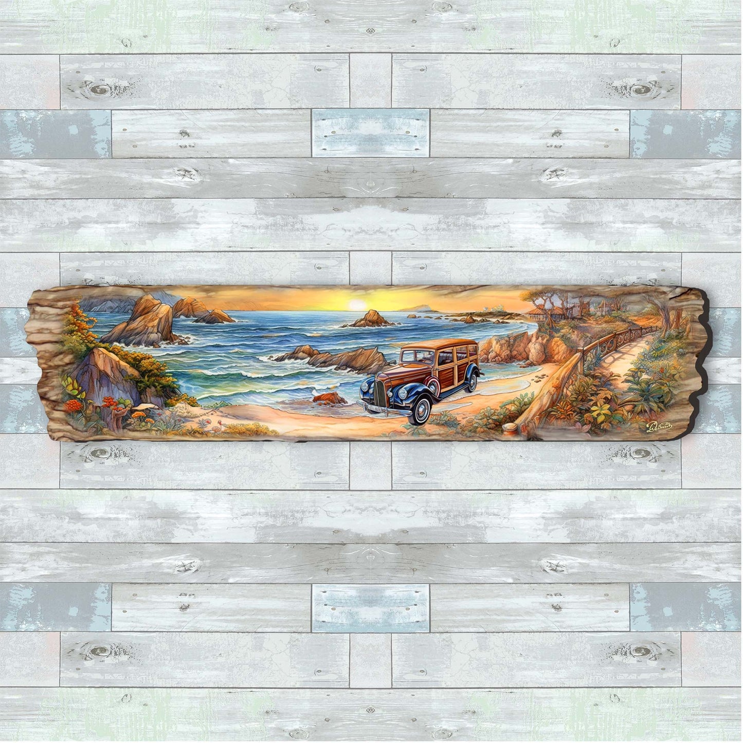 Retro Car on Beach Wooden Wall Art by G. DeBrekht Coastal Decor - 8491114W