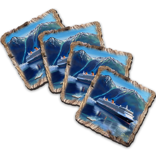 Cruise Ship Wooden Cork Coasters Gift Set of 4 by Nature Wonders Coastal Nature Wildlife Decor  - 95392C-S4