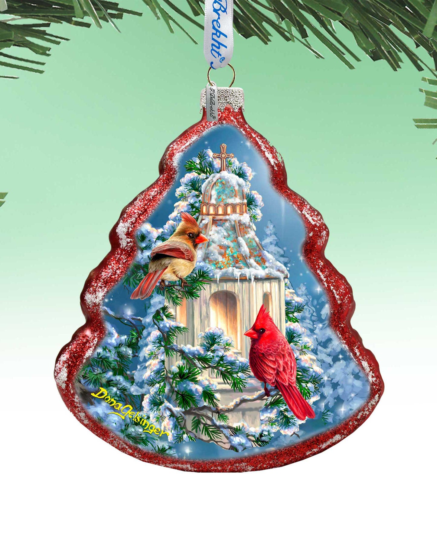 Little Cardinal Chapel Tree Glass Ornament by D. Gelsinger - Nativity Holiday Decor - 762-046-DG