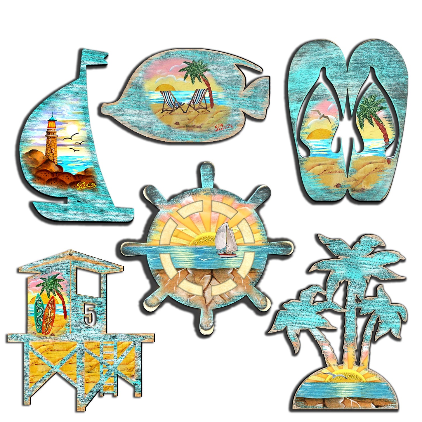 Nautical Decorative Wooden Magnets Set of 6 by G. Debrekht - Coastal Decor - 8090061G-S6