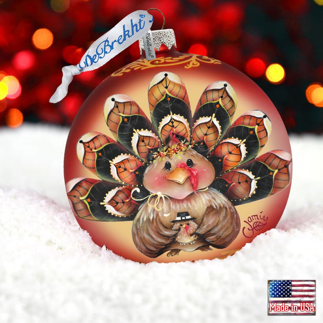 Be Thankful Turkey Sitter Ball Glass Ornament by Jamie Mills-Price - Thanksgiving Halloween Decor - 71210-7702
