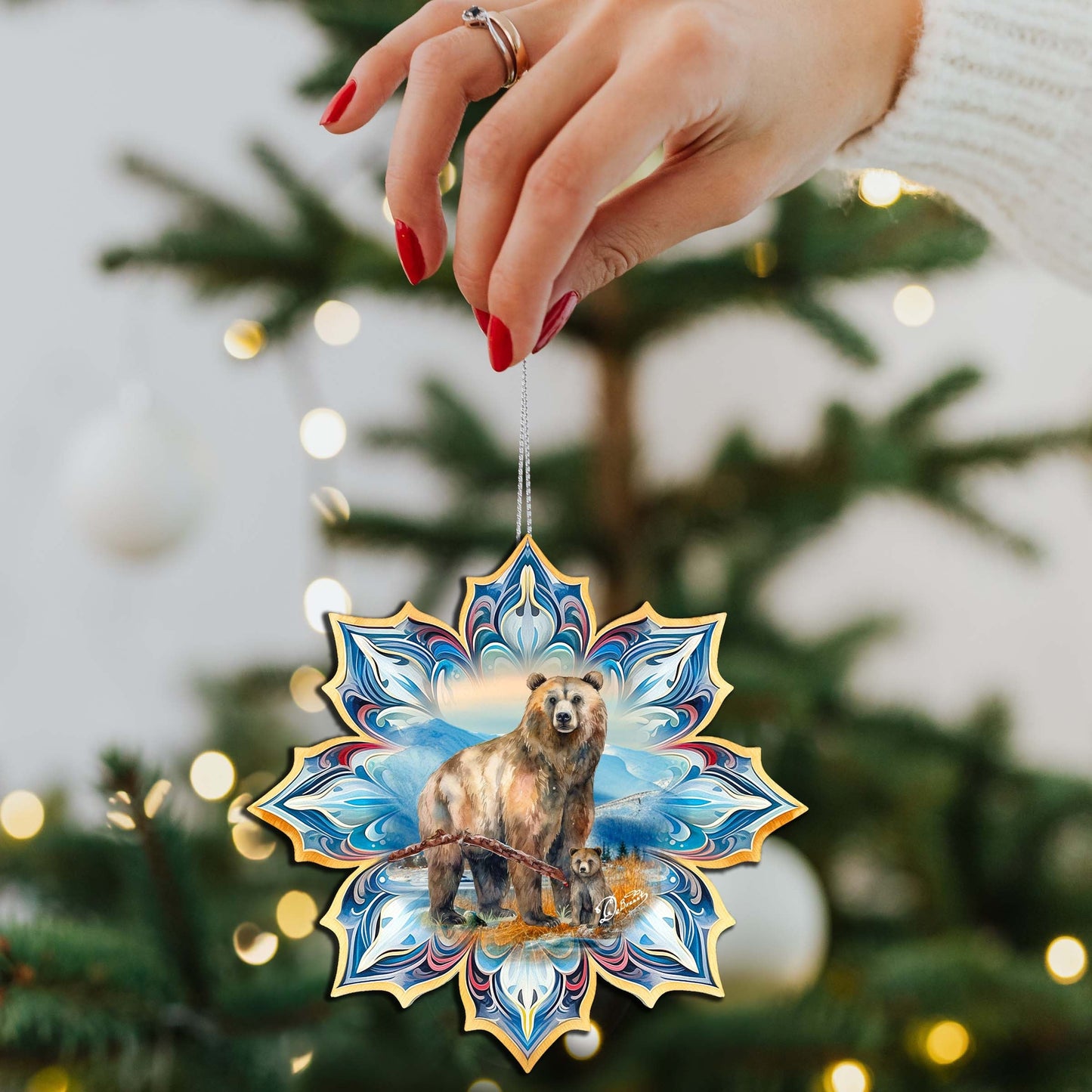 Bears Snowflake Wooden Ornaments Set of 3 by G. Debrekht - Nature Wildlife Decor - 8090143-S3