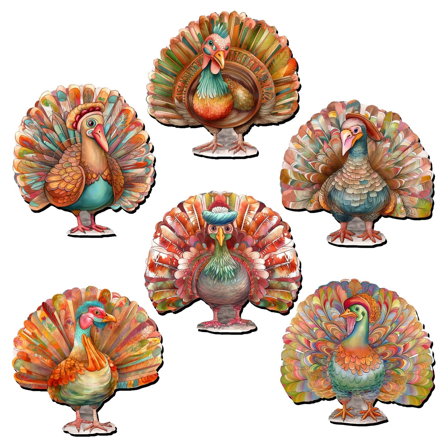 Turkey Decorative Wooden Magnets Set of 6 by G. Debrekht - Thanksgiving Decor - 8090027G-S6