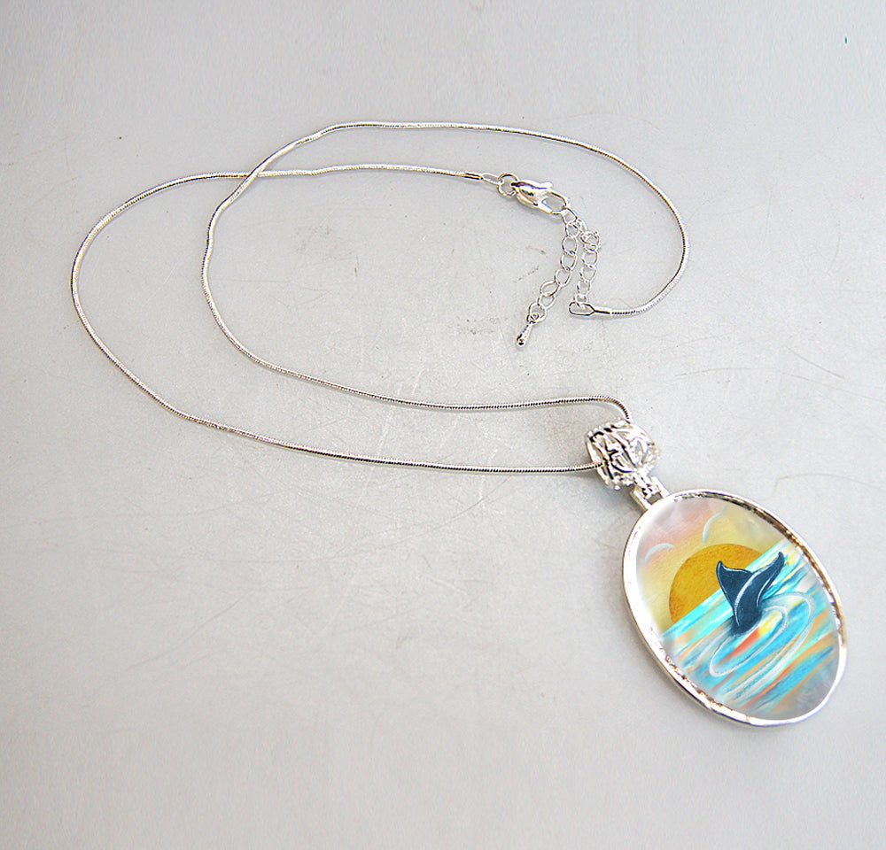 Whale Tale Silver Plated Mother of Pearl Jewelry Pendant Necklace Coastal - 44052