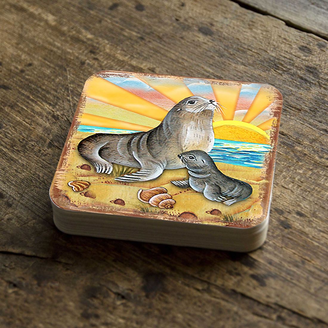 Sealion Coastal Wooden Cork Coasters Gift Set of 4 by Nature Wonders - Coastal Sea-Life Decor - 8198532-2C-S4