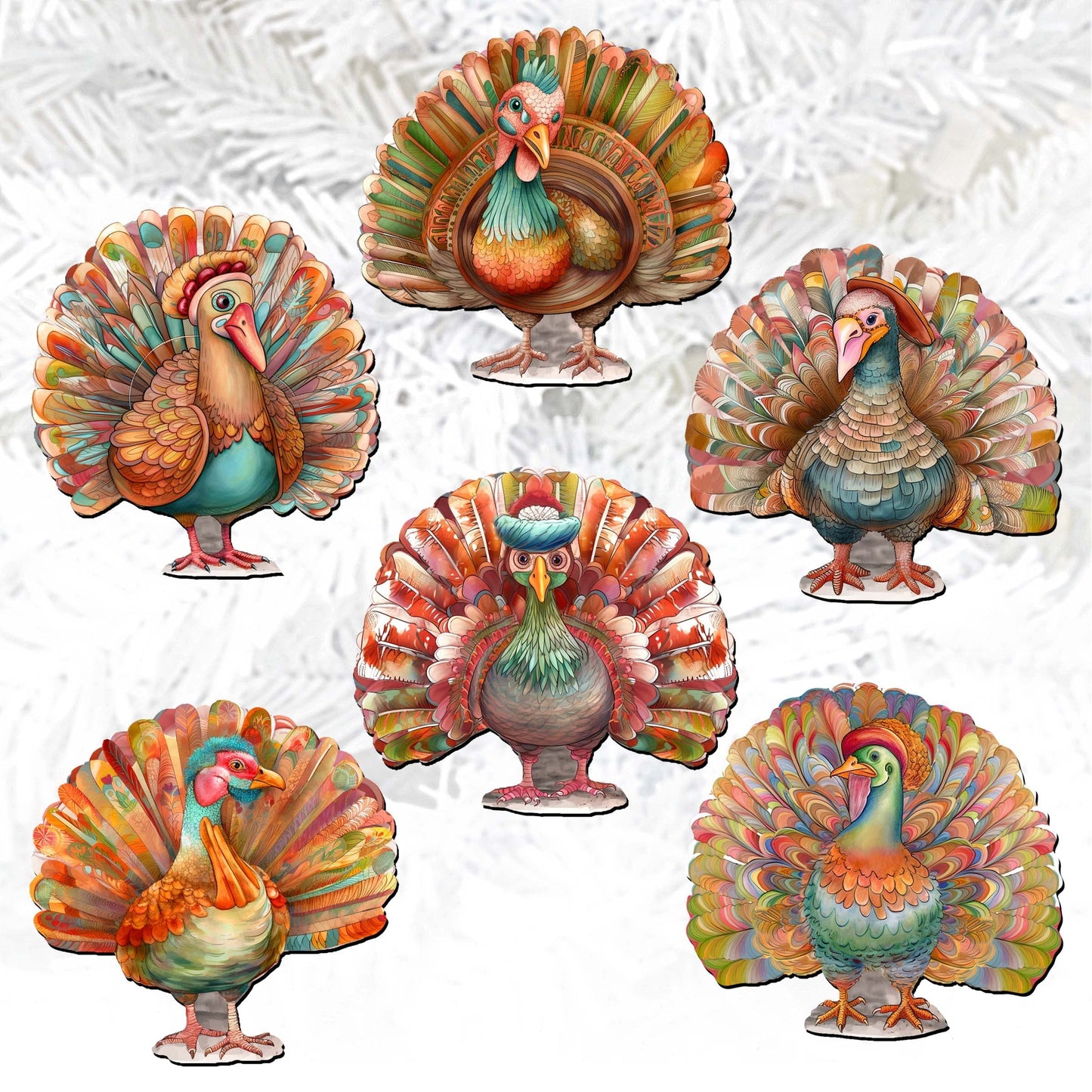 Turkey Decorative Wooden Clip-on Ornaments Set of 6 by G. Debrekht - Thanksgiving Decor - 8090027C-S6