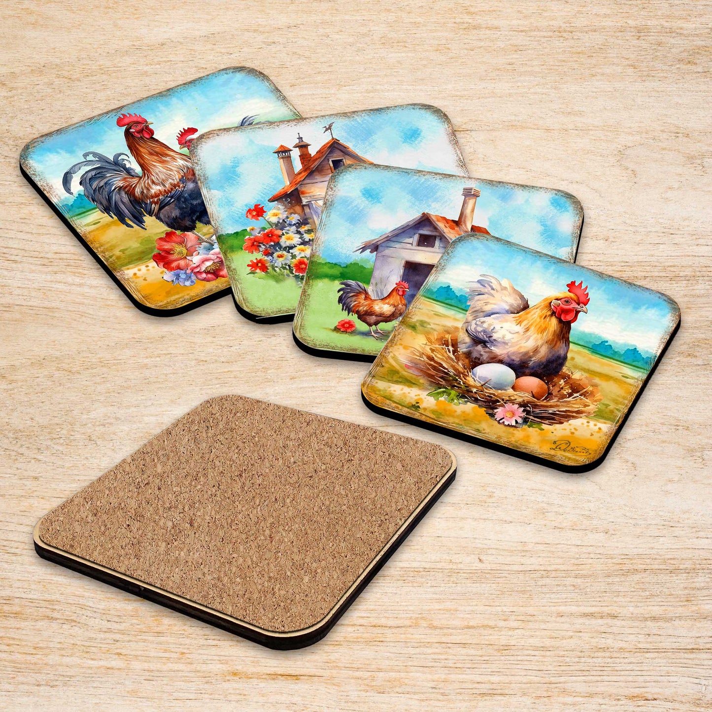 Spring on a Farm Wooden Cork Coasters Gift Set of 4 by G. Debrekht - Easter Spring Decor  - 8199436C-S4
