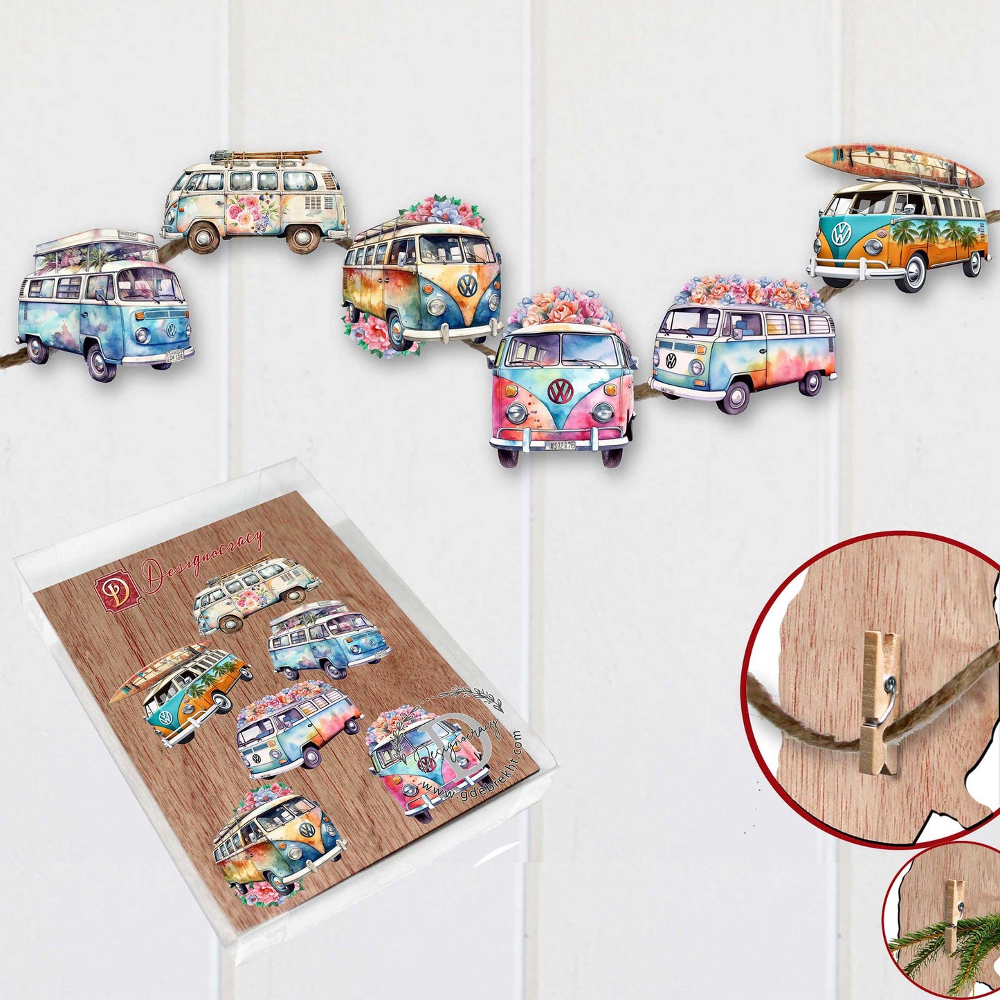 Surf Vans Decorative Wooden Clip-on Ornaments Set of 6 by G. Debrekht - Christmas Decor - 8090040C-S6