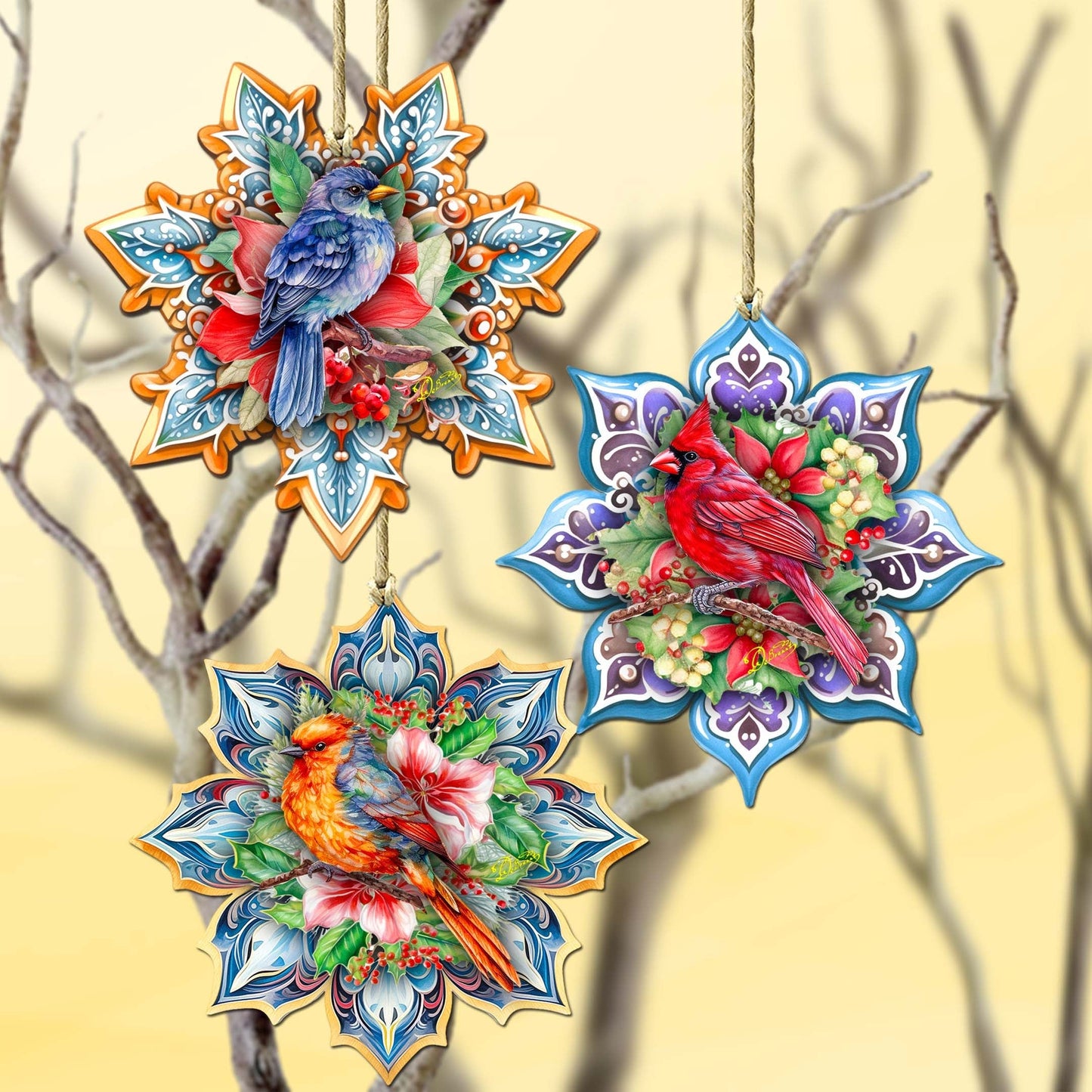 Forest Birds Snowflake Wooden Ornaments Set of 3 by G. Debrekht - Christmas Decor - 8090144-S3