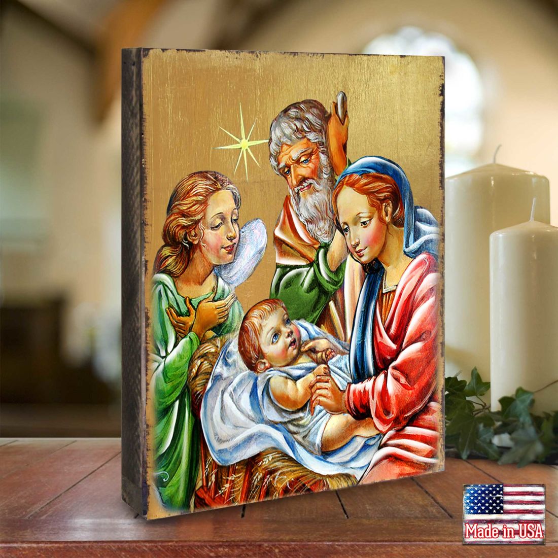 Nativity with Angel Wooden Gold Plated Religious Christian Sacred Icon - Inspirational Icon Decor - 85049