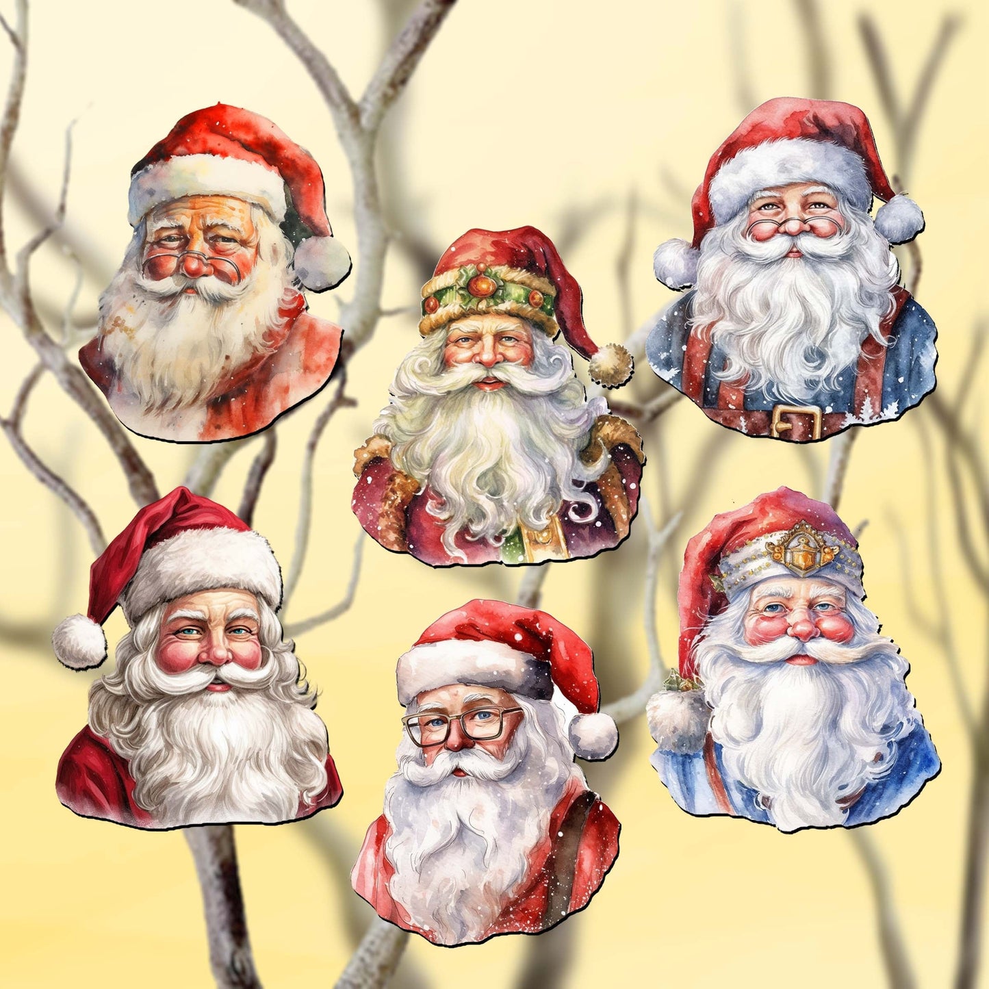 Jolly Santa Faces Decorative Wooden Clip-on Ornaments Set of 6 by G. Debrekht - Christmas Decor - 8090045C-S6