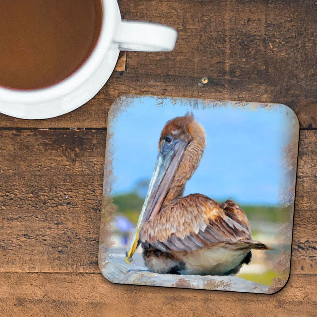 Pelican Coastal Wooden Cork Coasters Gift Set of 4 by Nature Wonders - Coastal Sea-Life Decor - 95325C-S4