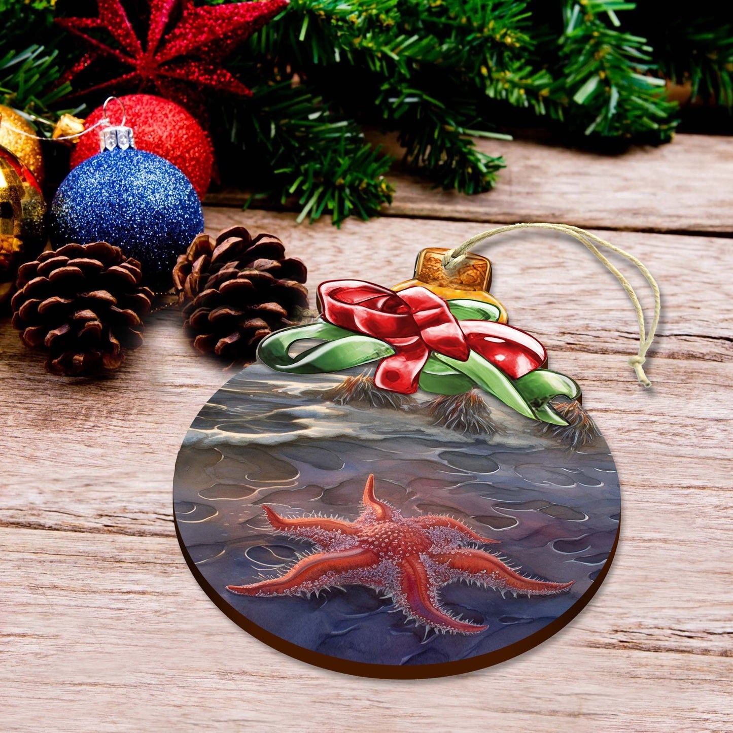Red Sunflower Sea Star Wooden Ornaments by G.Debrekht - Wildlife Holiday Decor - 870019