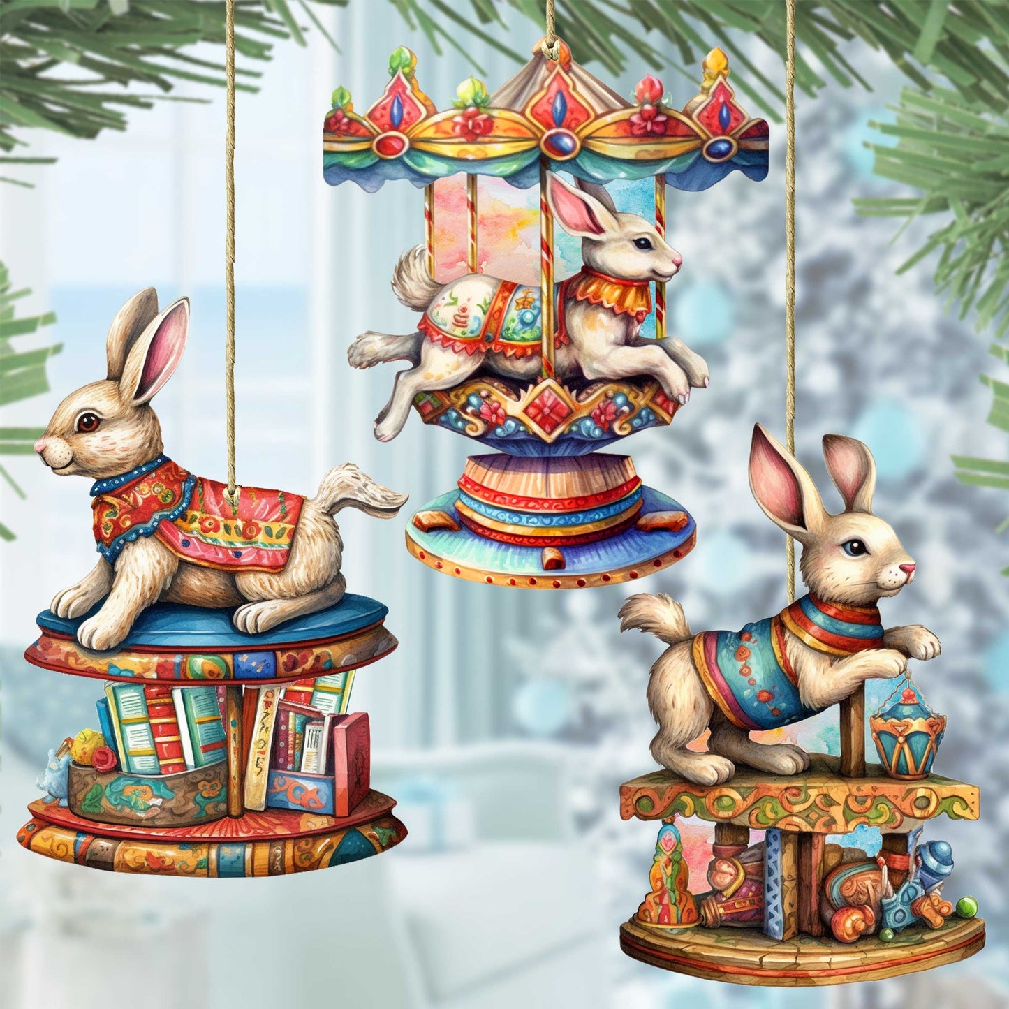 Carousel Bunnies Wooden Ornaments Set of 3 by G. Debrekht - Christmas Decor - 8100195S3