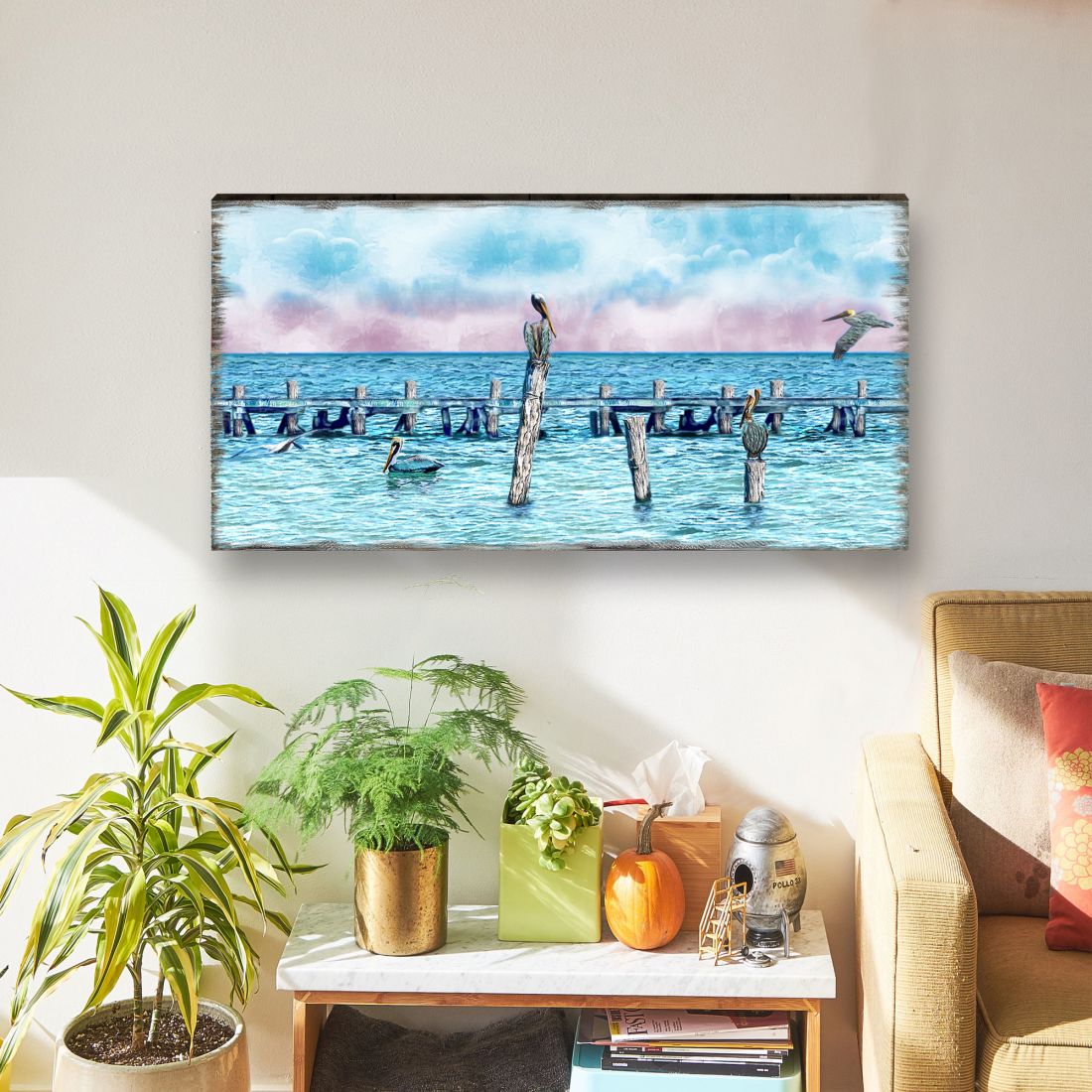 Ocean Paradise Pelicans and Seagulls Wooden Coastal Wall Art by Nature Wonders - Coastal Sea-Life Decor - 95252-6B-L