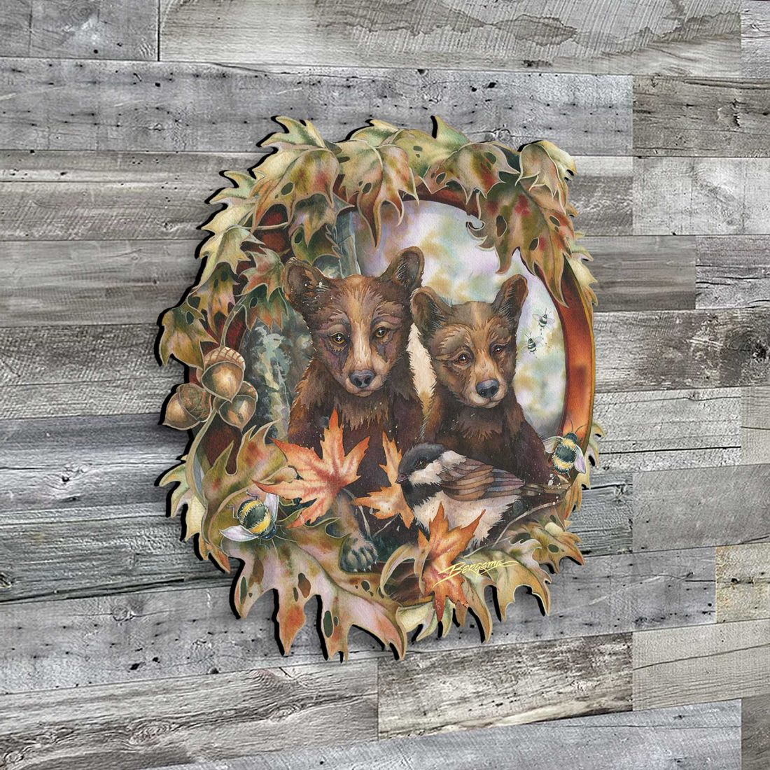 Simple Joys Black Bear Cubs with Bees Wall Art by J. Bergsma - Wildlife Holiday Decor - 8591850W-JB