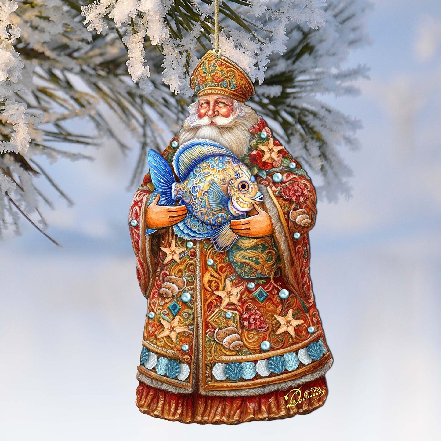 Santa with Fish Wooden Ornaments by G. Debrekht - Christmas Santa Snowman Decor - 8691411