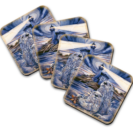 Starlight Otters Wooden Cork Coasters Gift Set of 4 by J. Bergsma - Wildlife Decor  - 8199473C-S4