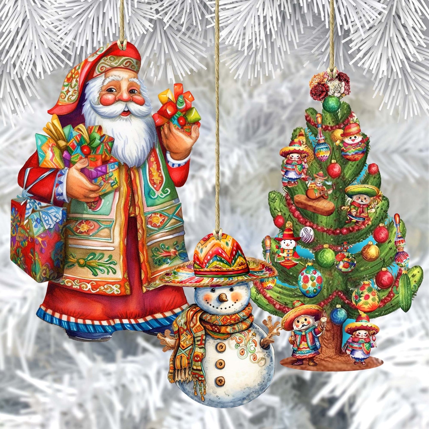 Santas Around the World - Mexican Inspired Santa - Wooden Ornaments Set of 3 by G. DeBrekht Christmas Santa Snowman Decor - 8091308S3