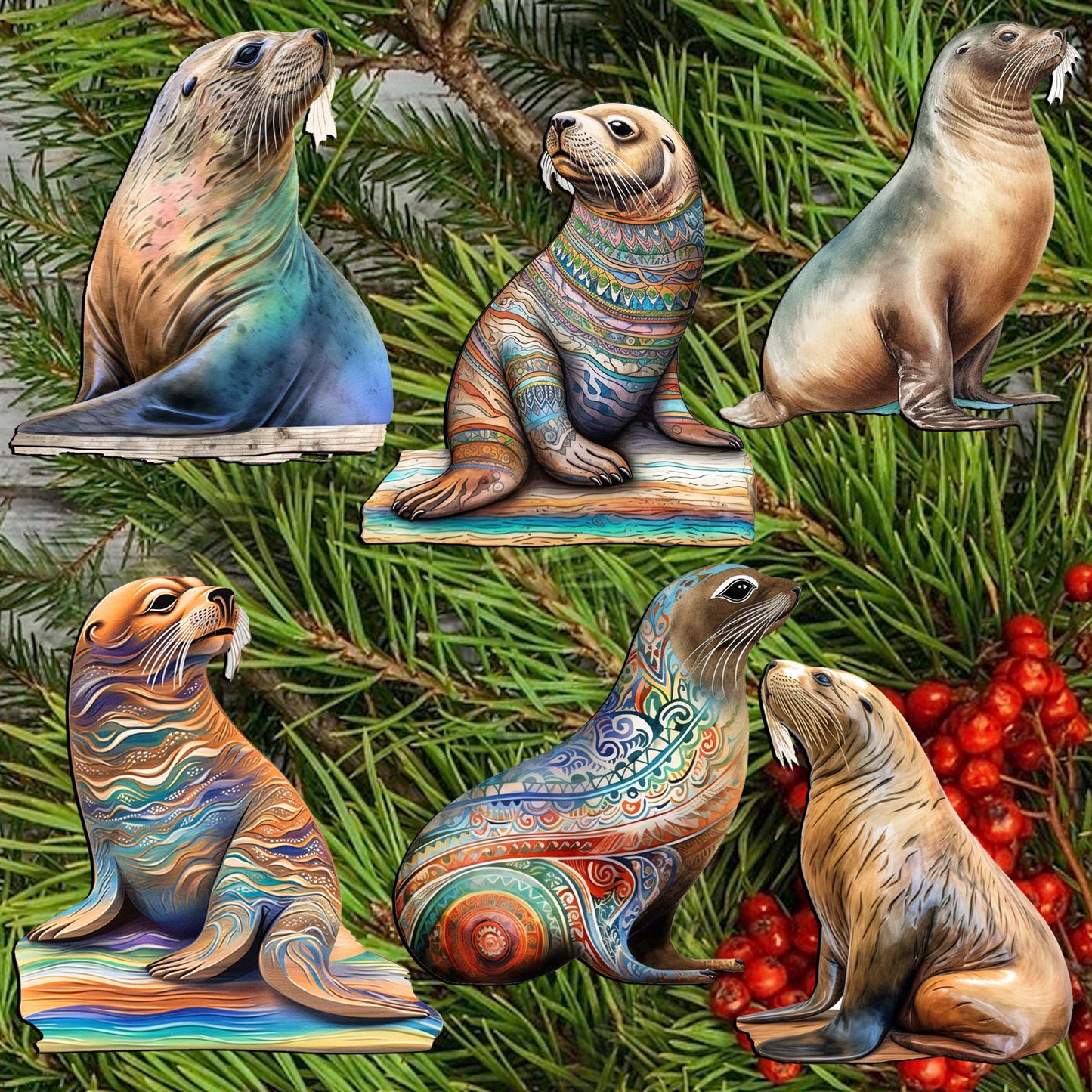 Magic Sea Lions Decorative Wooden Clip-on Ornaments Set of 6 by G. Debrekht - Wildlife Decor - 8090112C-S6