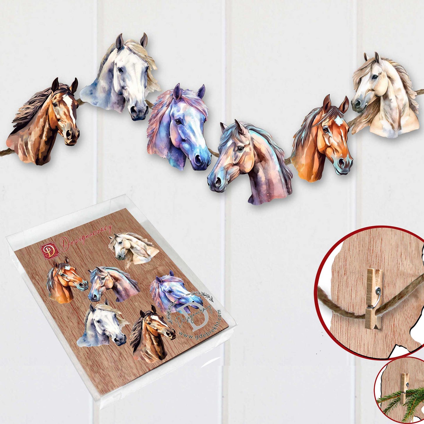 Horses Decorative Wooden Clip-on Ornaments Set of 6 by G. Debrekht - Christmas Decor - 8090039C-S6