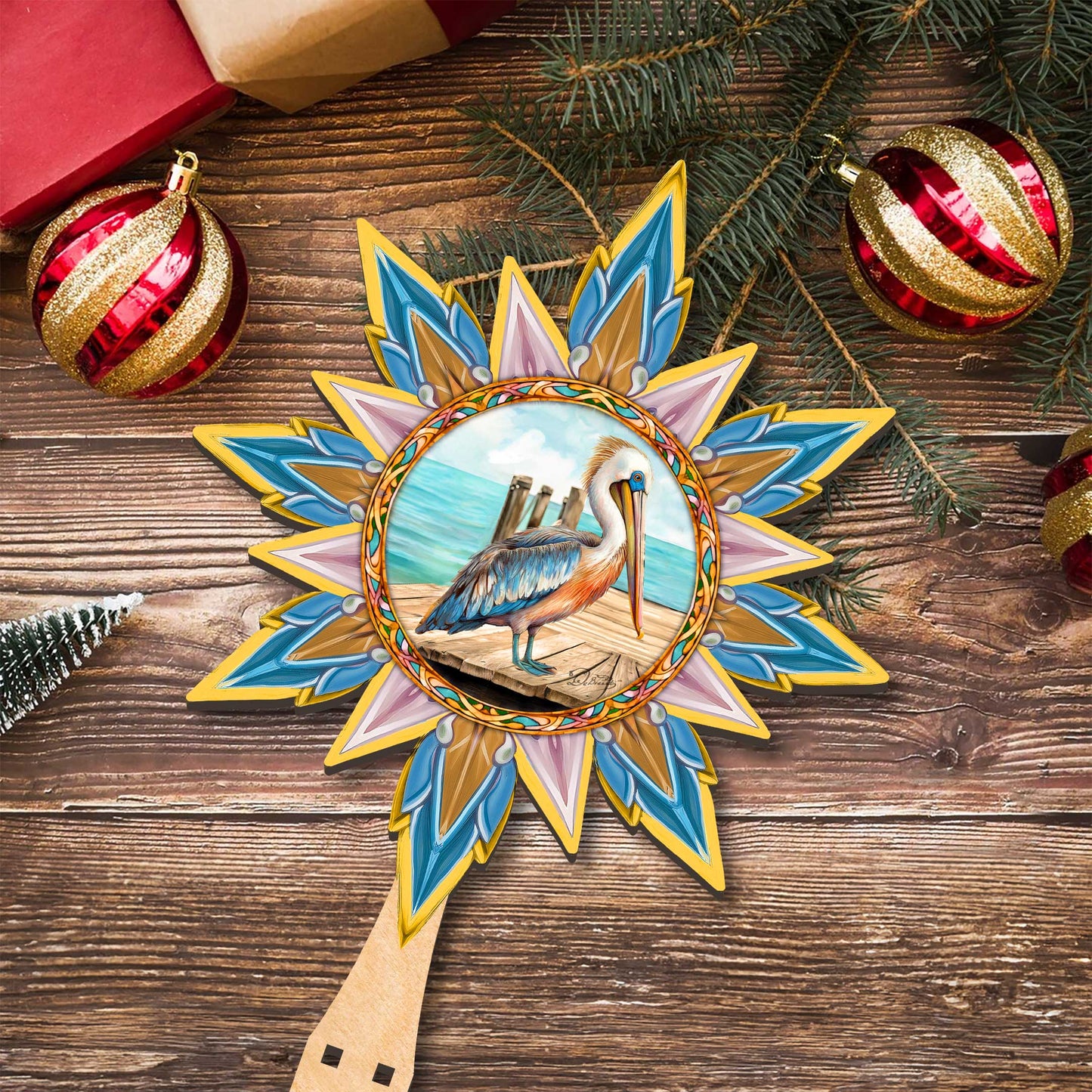 Coastal Pelican Star Tree Topper Wooden Decor by G. Debrekht - Wildlife Holiday Decor - 89514