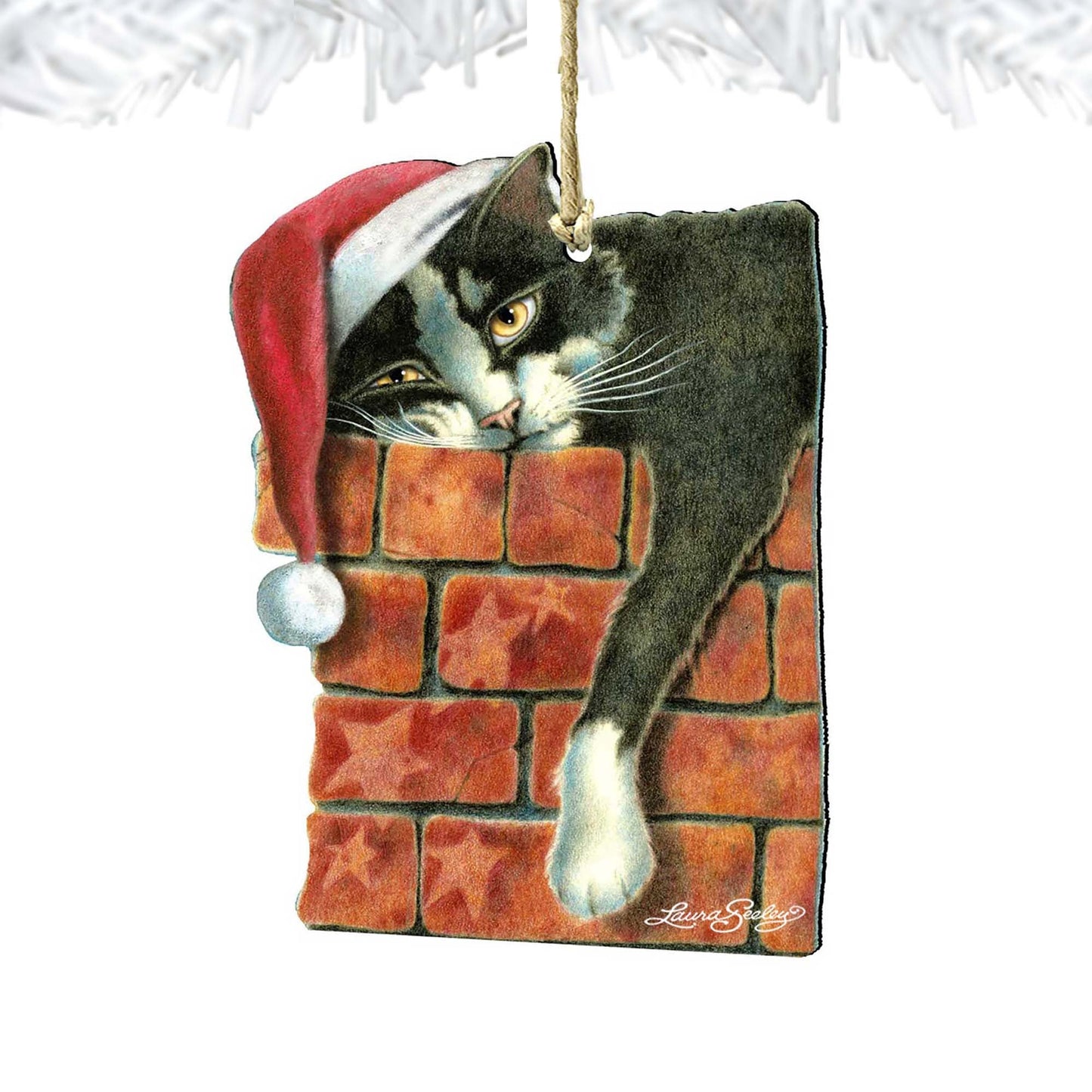 Peeking Tom Santa Cat Wooden Ornaments - Tree Ornament by Laura Seeley - Pets Dog and Cats Decor - 8512062-LS