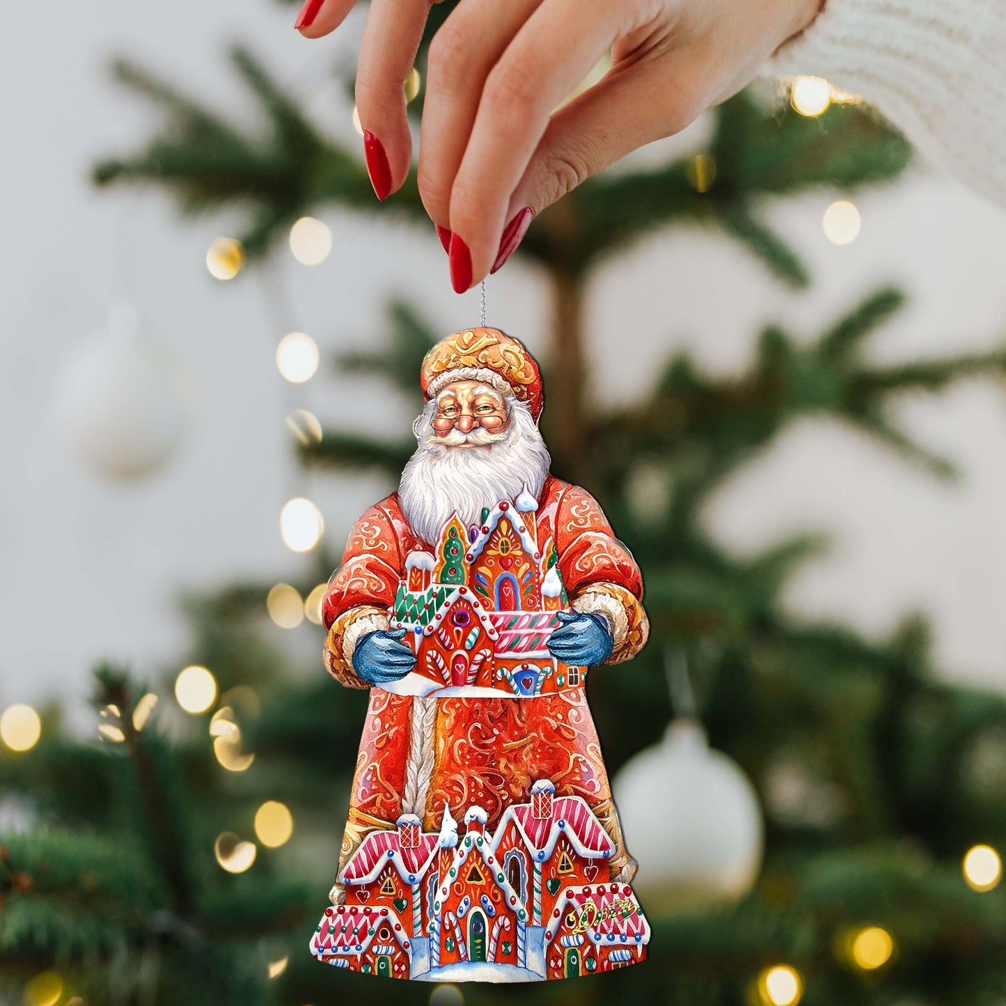 Santa and the Gingerbread House Wooden Ornaments by G. Debrekht - Christmas Santa Snowman Decor - 8691404