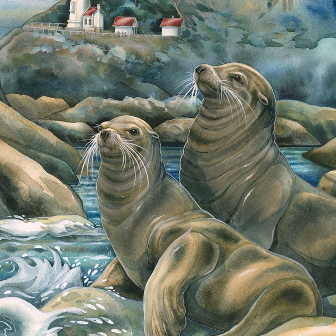 Lions of the Sea Lighthouse Caves Wooden Wall Art by J. Bergsma - Nature Wildlife Decor - 85922883B-JB