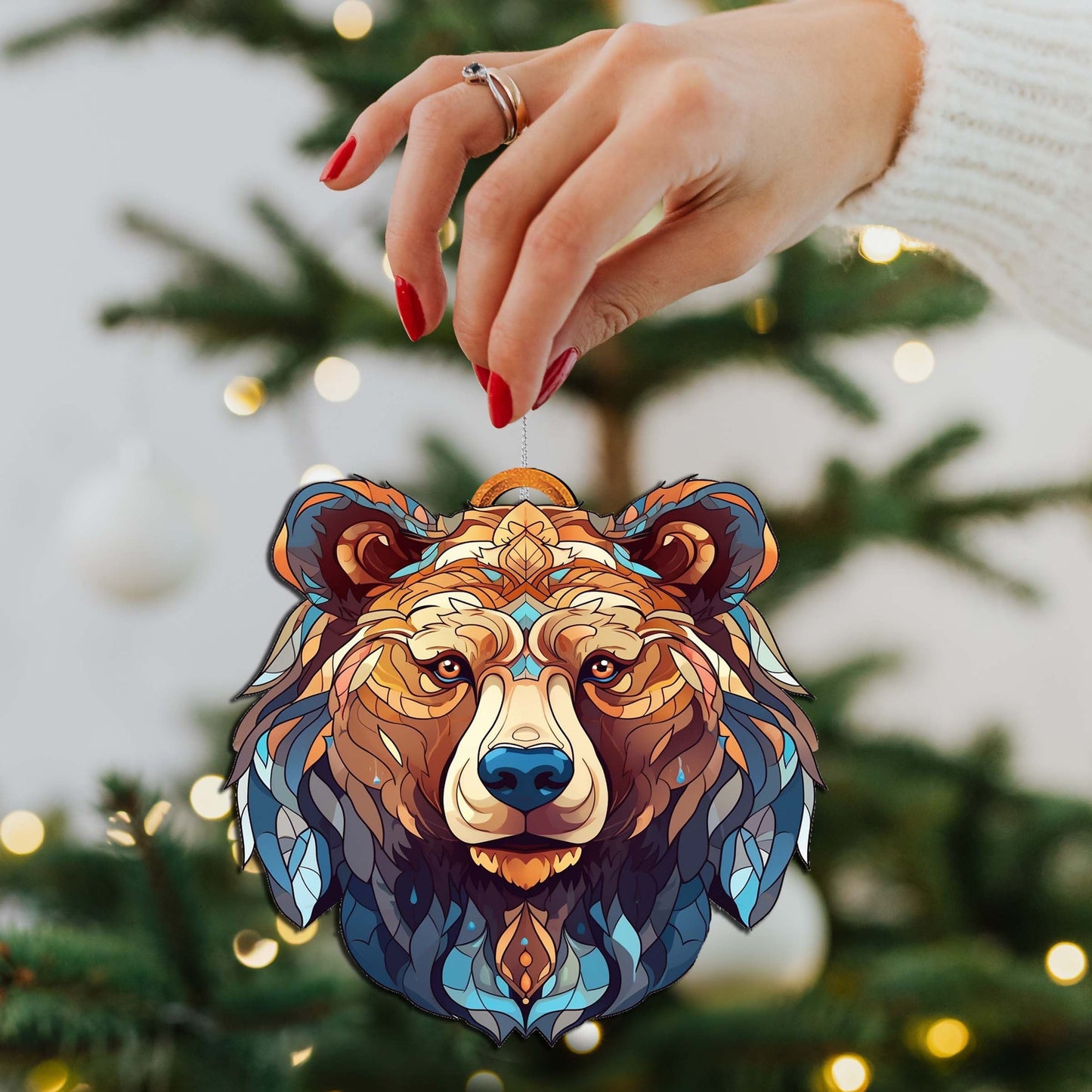 Stained Glass Design Bear Face Wooden Ornaments by G.Debrekht - Wildlife Holiday Decor - 8710124-1